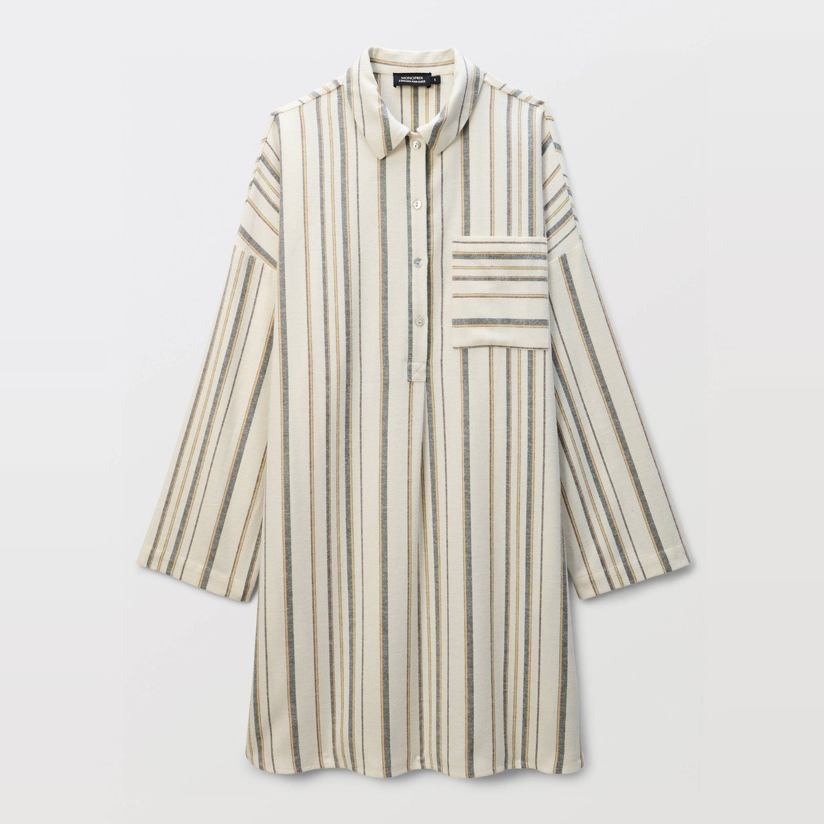 Chemise de nuit rayée en coton gratté riz, MONOPRIX