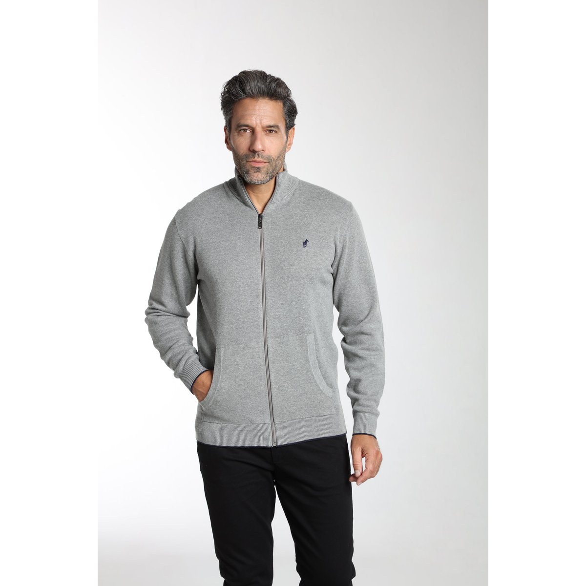 Pull col camionneur  en coton MILANO GILET gris, GENTLEMAN FARMER