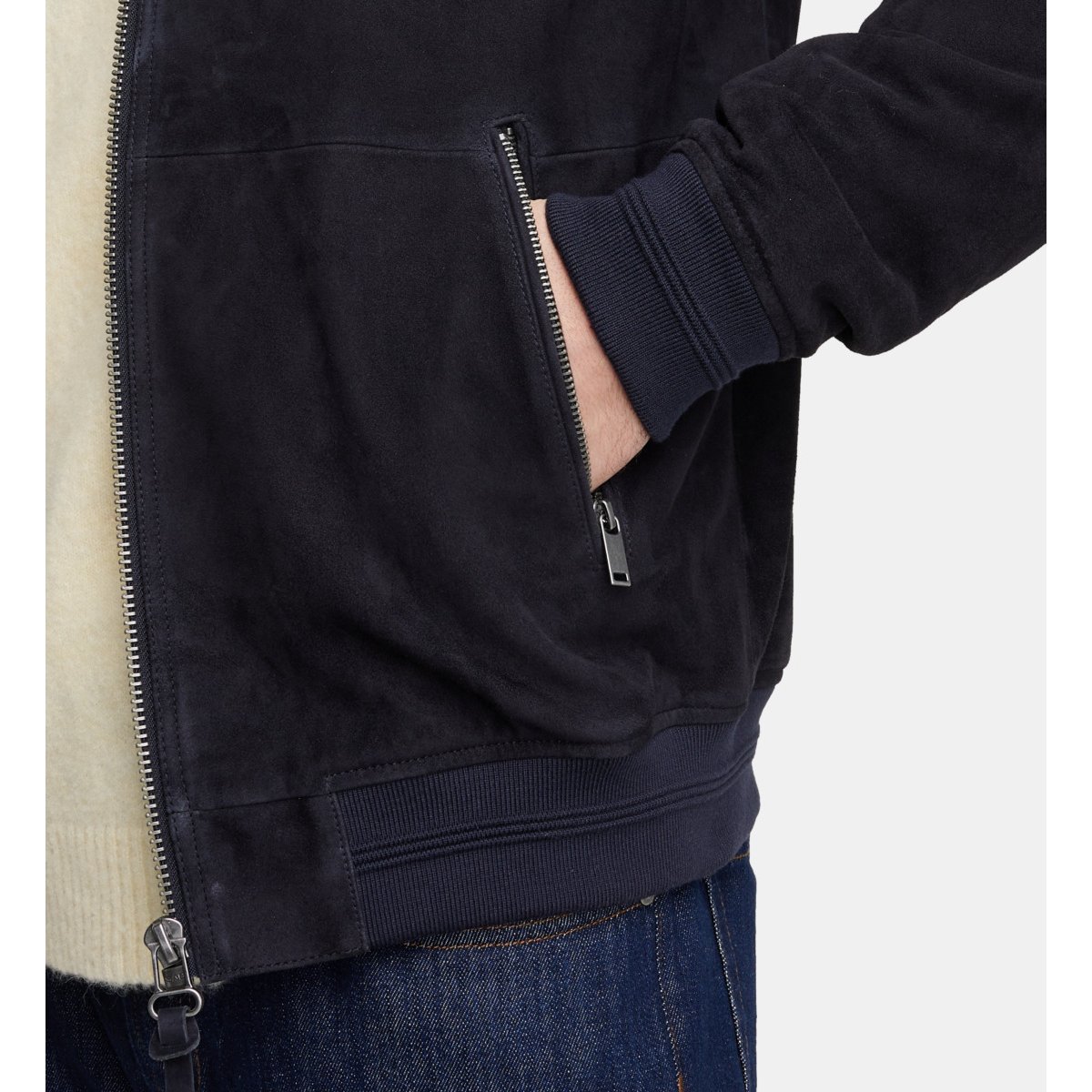 Blouson bomber mapeau en cuir bleu marine, GALERIES LAFAYETTE