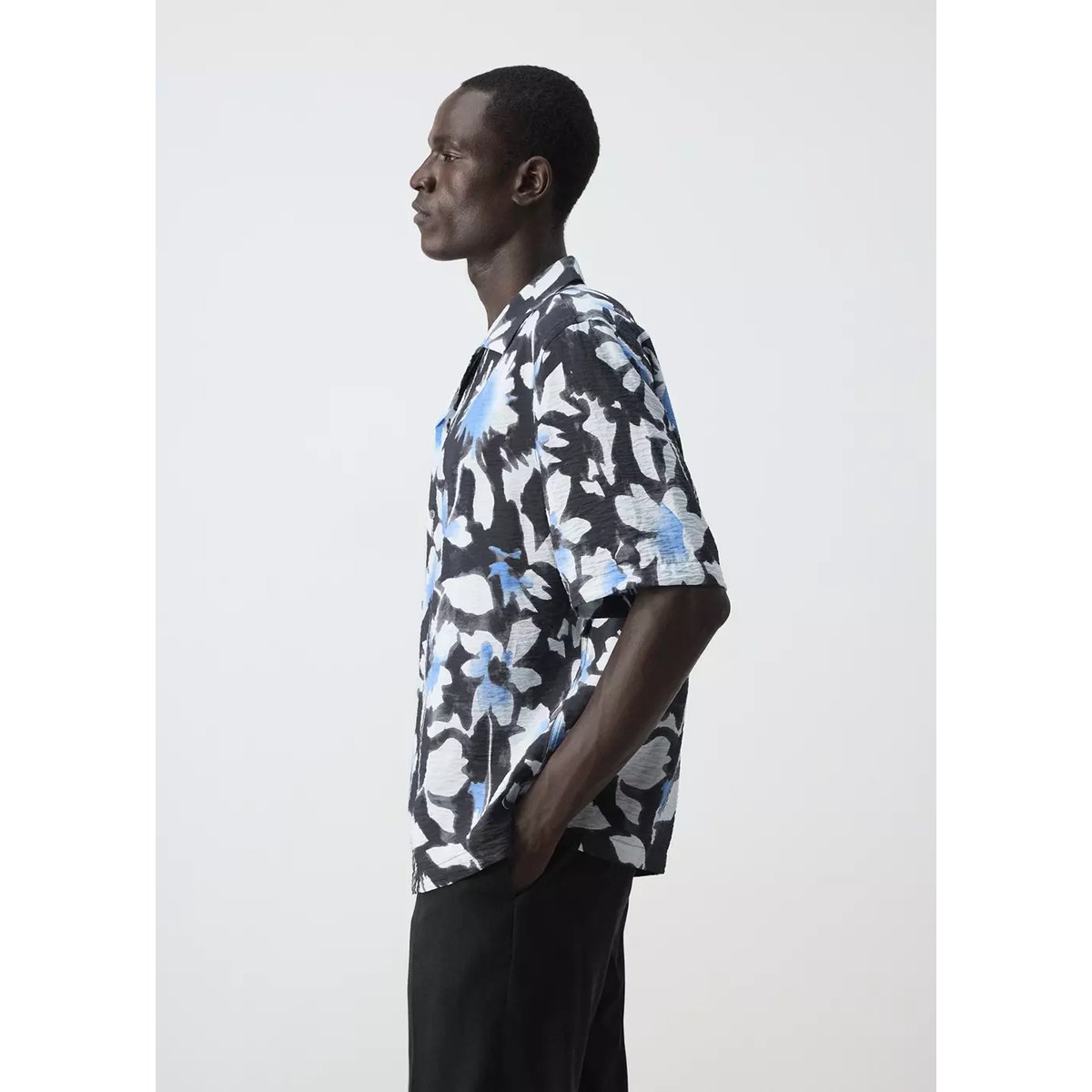 Chemise imprimée col bowling noir, MANGO MAN