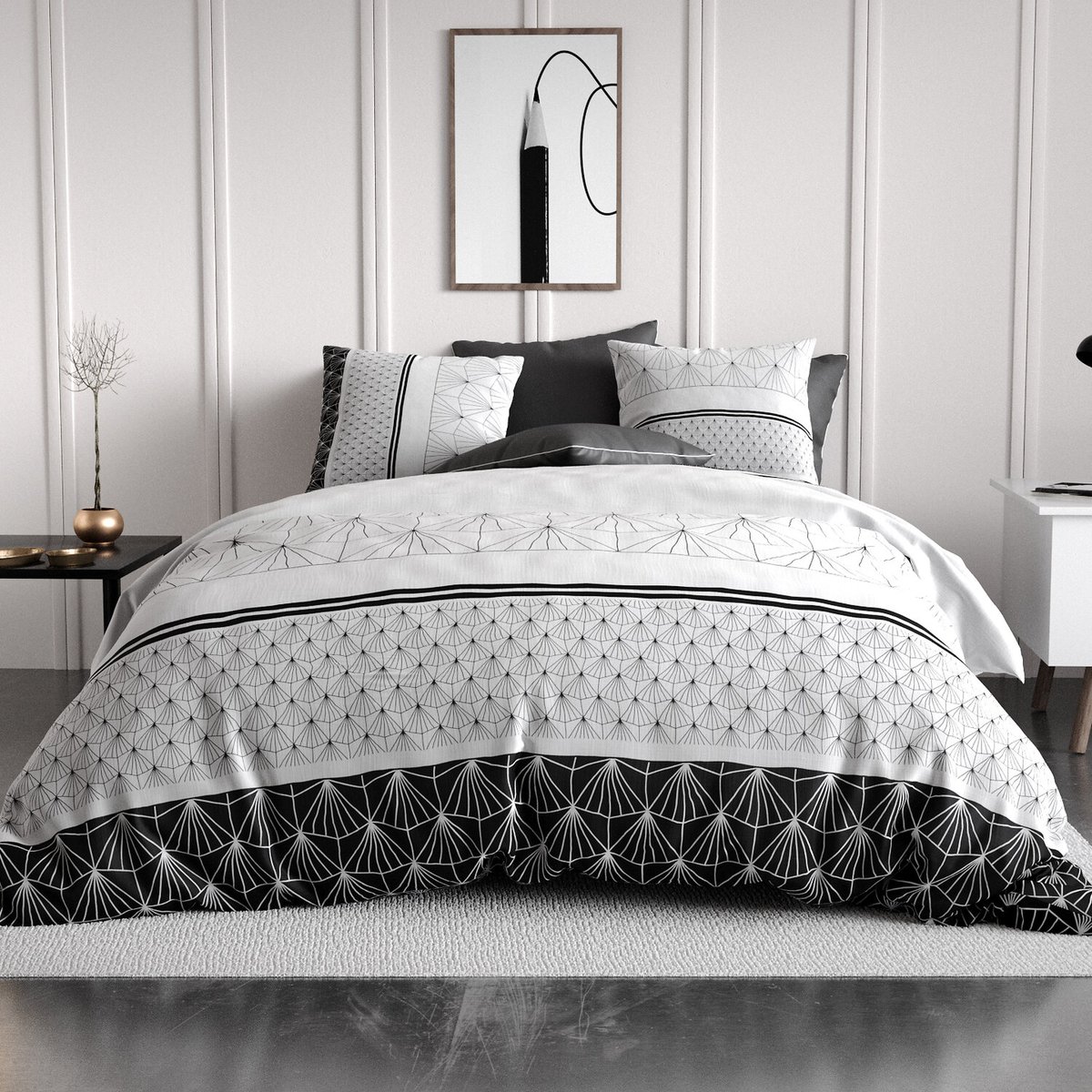 Parure housse de couette imprimée avec taie(s) en coton, Casta noir, ATELIER DU COTON