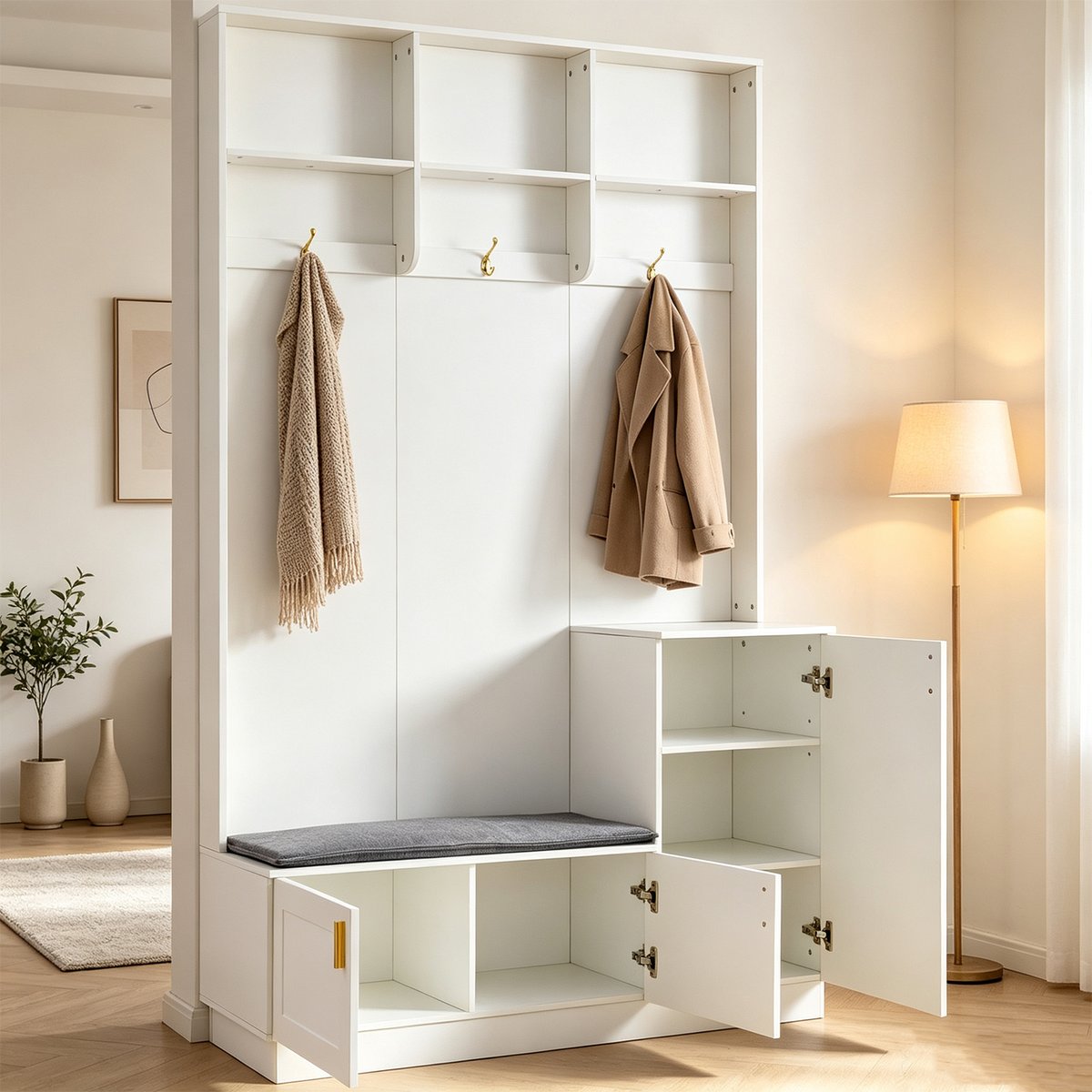 Vestiaire d'entrée avec banc et rangement, PORTER-F blanc, MEUBLES COSY