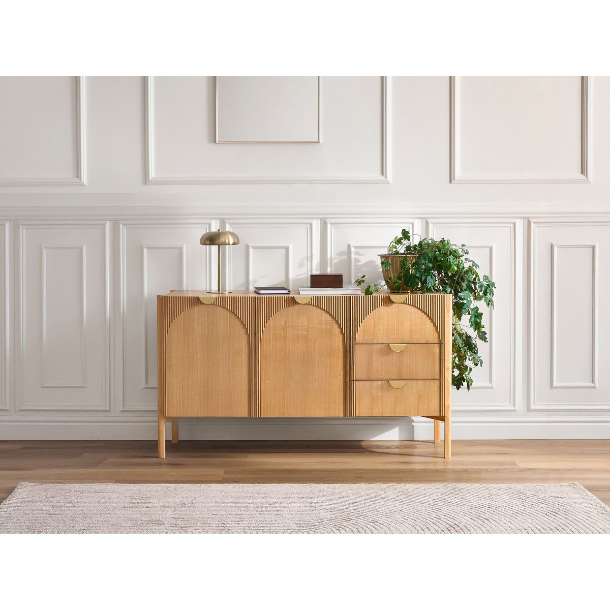 Buffet bas en placage 2 portes 3 tiroirs 135 cm, LOLA marron clair, BOBOCHIC