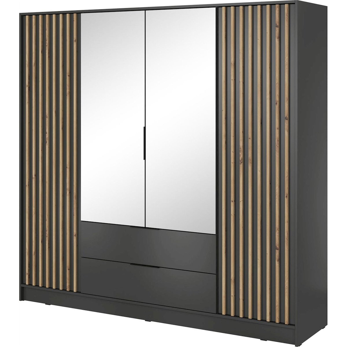 Armoire dressing miroir portes battantes gris et bois clair, RECOLLECTION