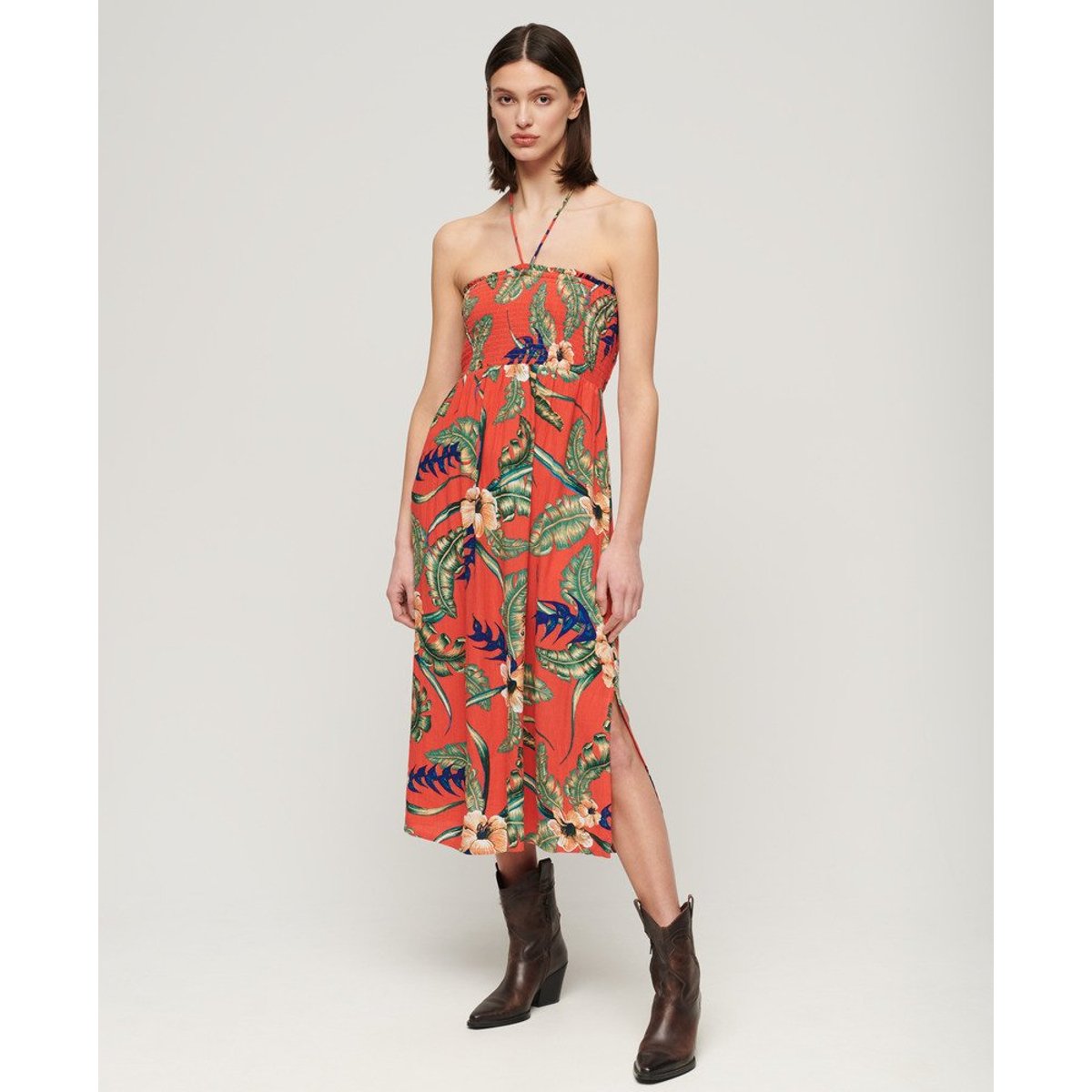 Robe de plage mi-longue smockée rouge hawaïen eden, SUPERDRY