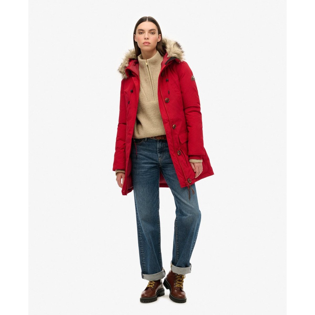 Parka à capuche en duvet imitation fourrure piment, SUPERDRY