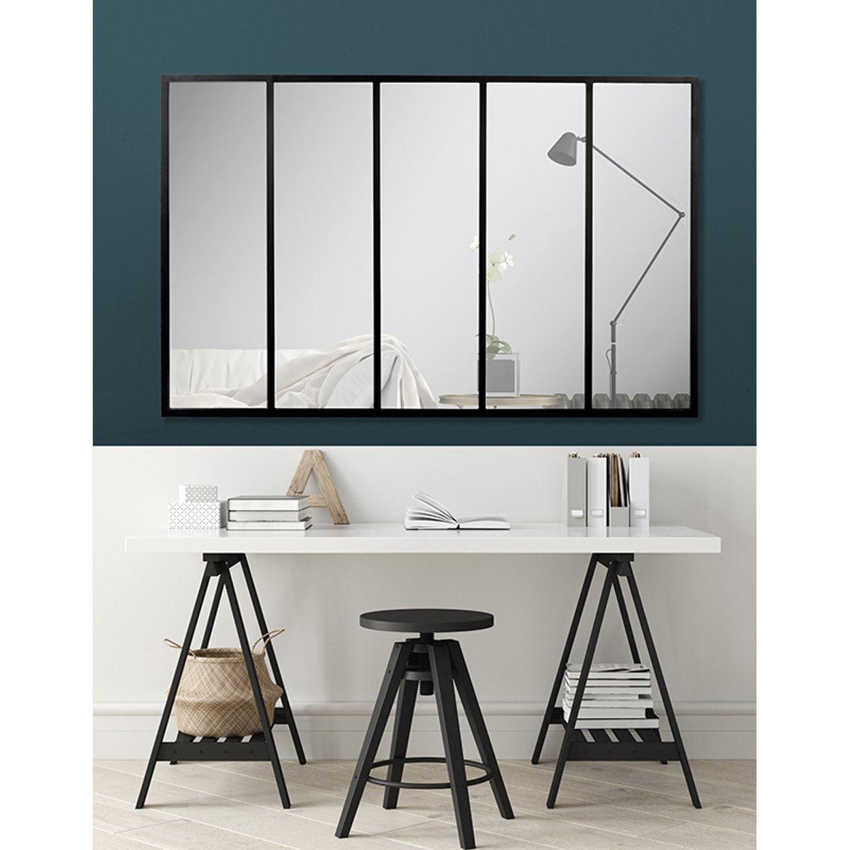 Miroir rectangle 5 bandes industriel en métal 137x90cm noir, EMDE