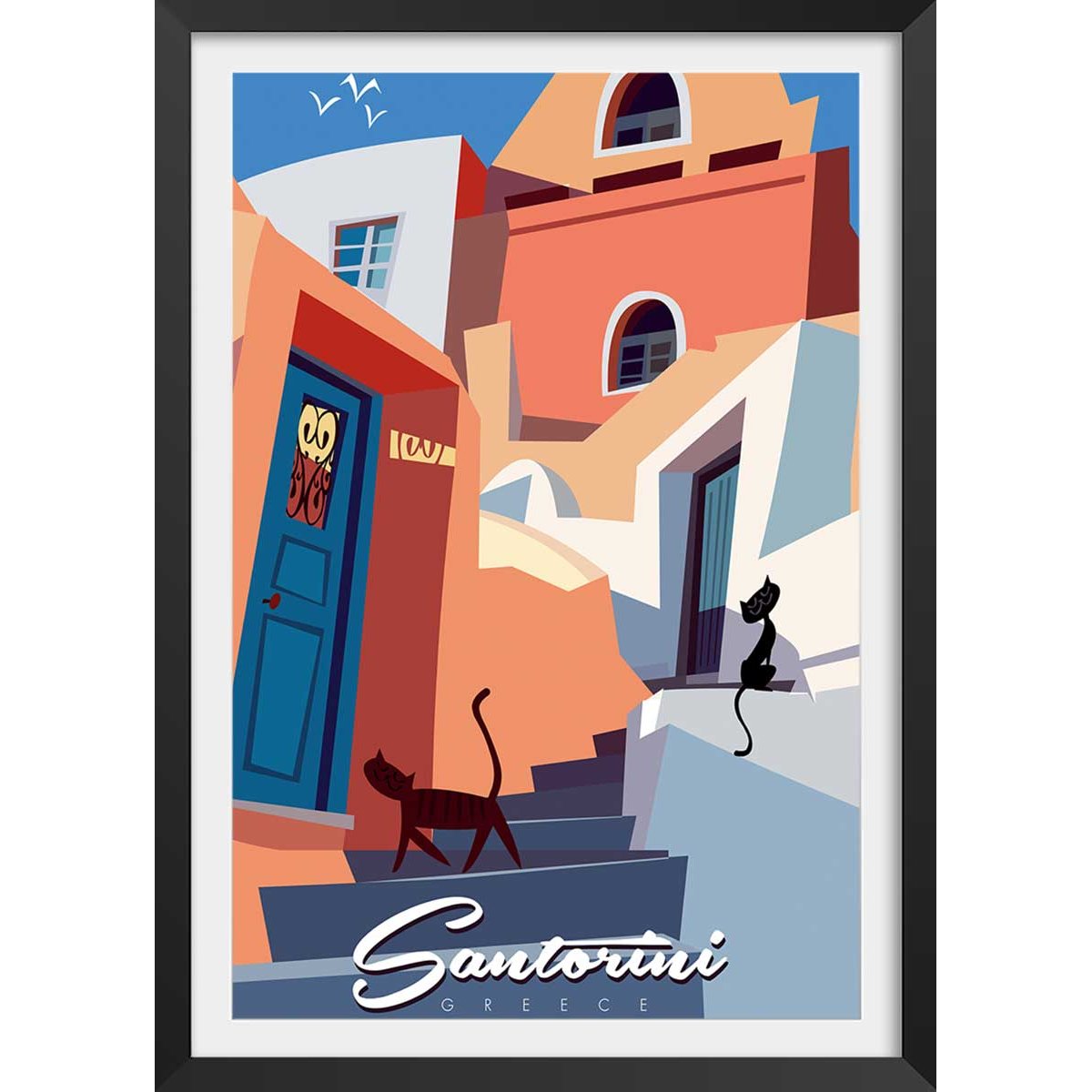 Poster vintage les chats de santorini affiche + cadre en bois - noir, HEXOA