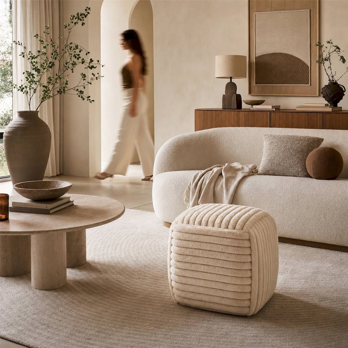 Pouf côtelé en tissu beige, RECOLLECTION