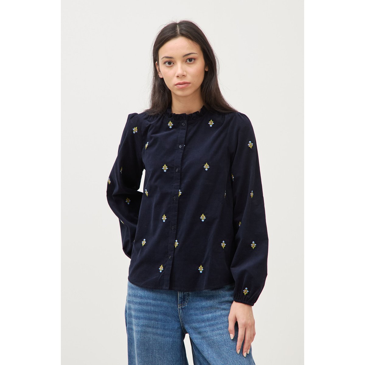 Chemise en coton avec broderie bleu marine, BONOBO