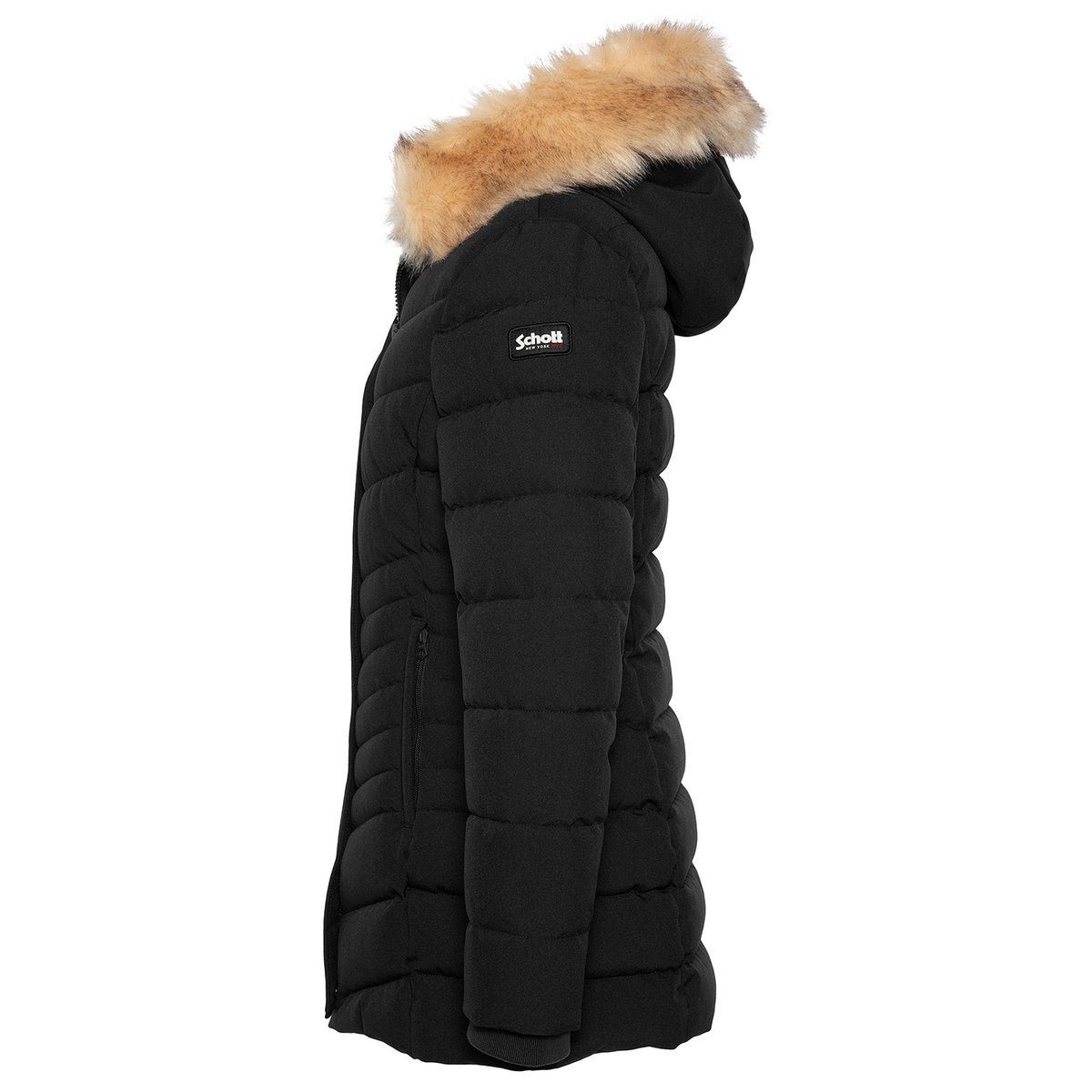 Parka mi-longue à capuche avec imitation fourrure amovible noir, SCHOTT