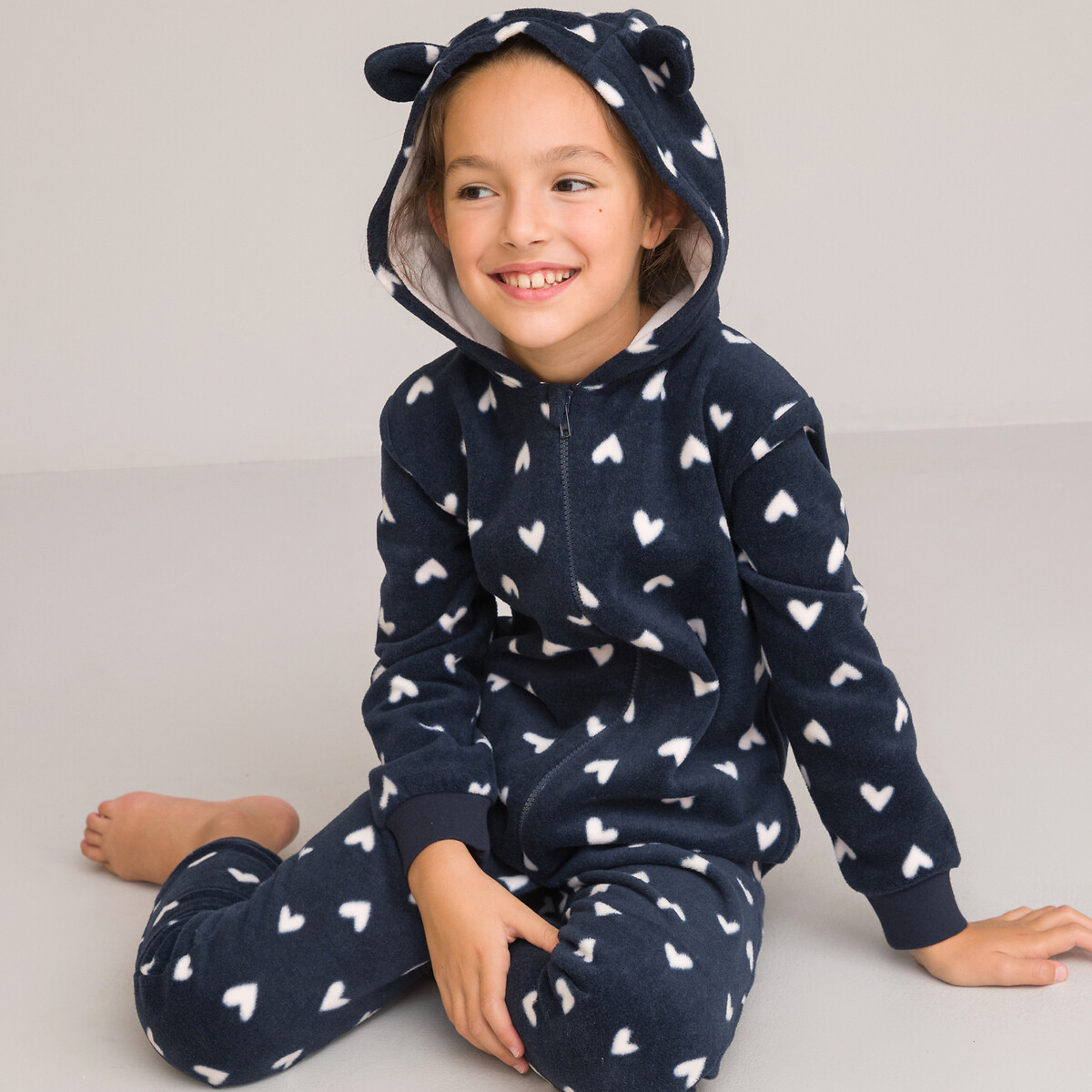 Surpyjama à capuche polaire, imprimé coeurs bleu marine, LA REDOUTE COLLECTIONS
