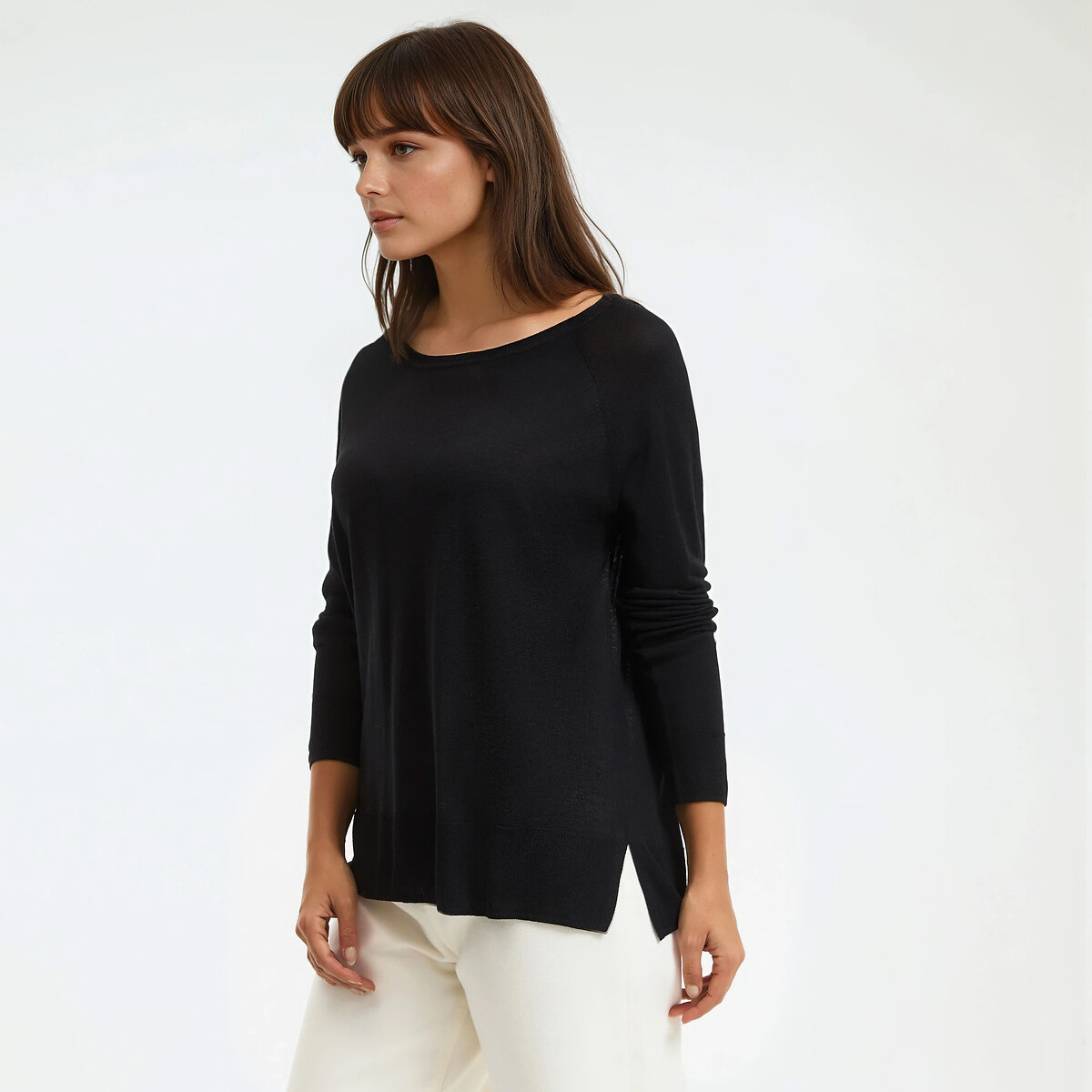 Pull col rond en maille fine, manches longues noir, LA REDOUTE COLLECTIONS