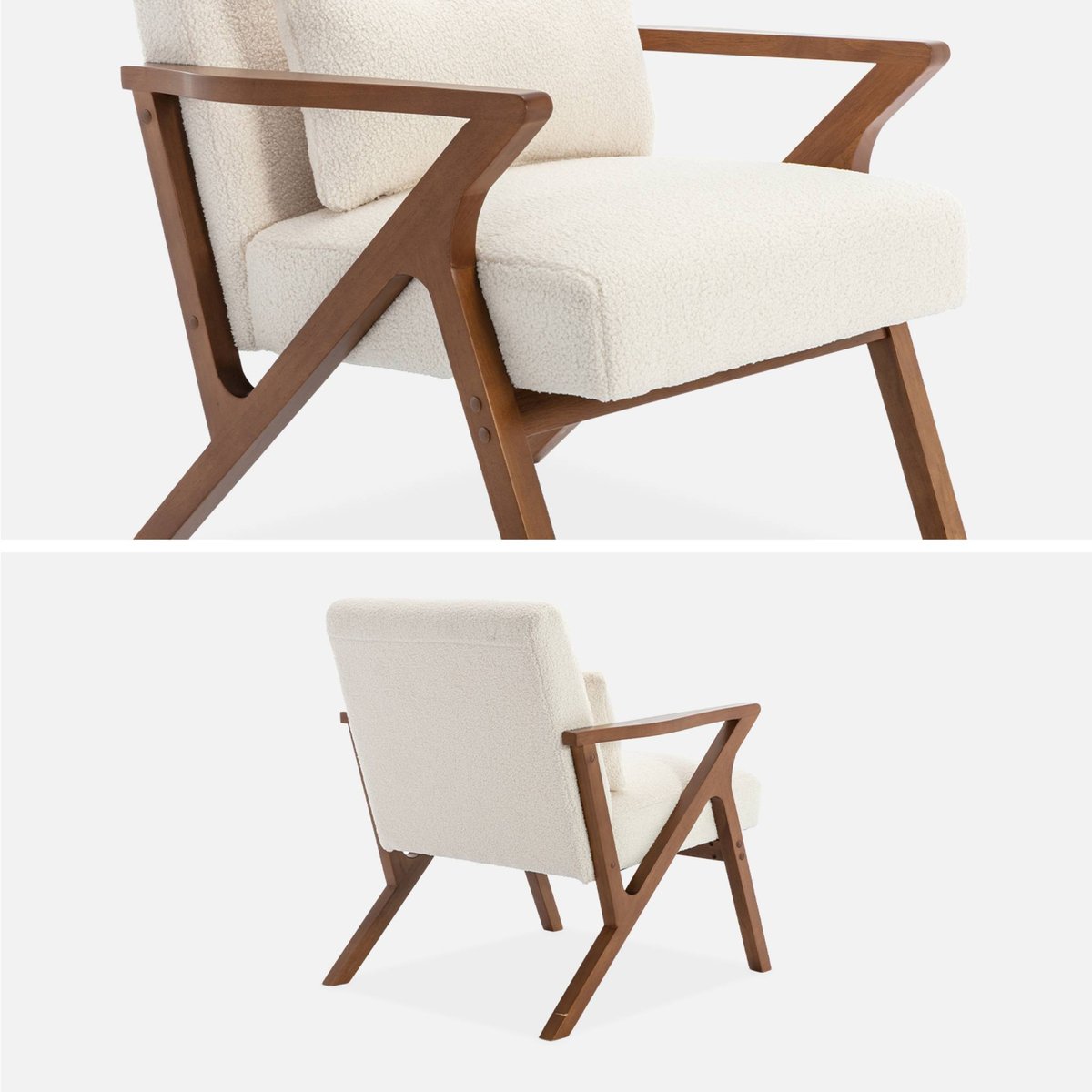 Fauteuil scandinave bois d'hévéa et bouclette ANTOINE crème, SWEEEK