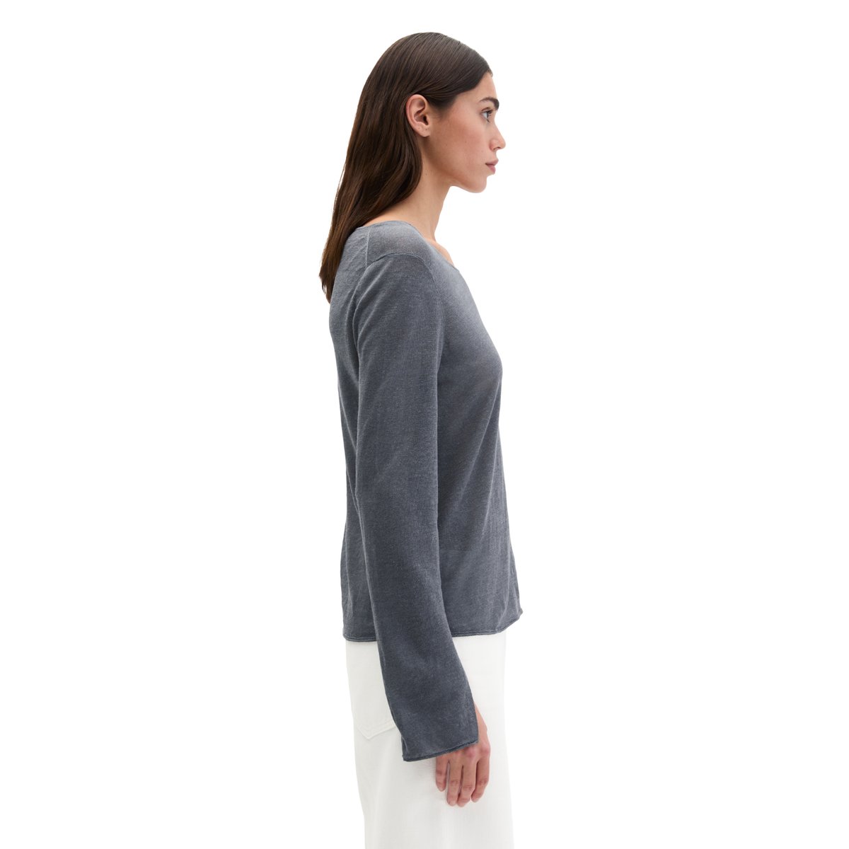 Pull en lin regular avec encolure ronde gris foncé, MARC O'POLO