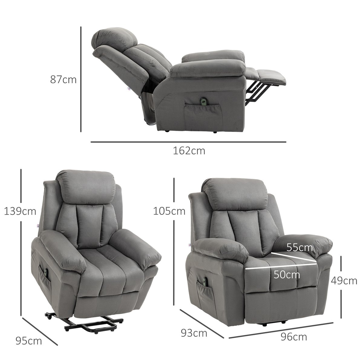 Fauteuil releveur électrique velours (100% gris clair, HOMCOM