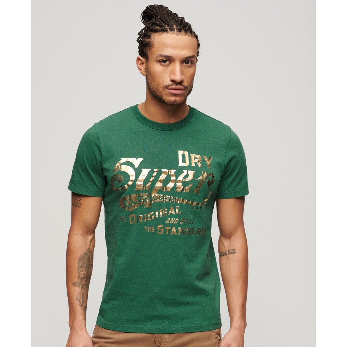 T-shirt Workwear à motif métallisé vert pinède flammé, SUPERDRY