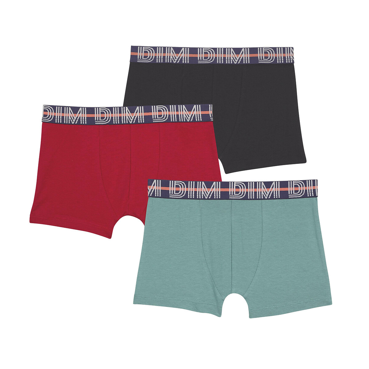 Lote de 3 boxers em algodão stretch preto + verde + vermelho-bordeaux, DIM