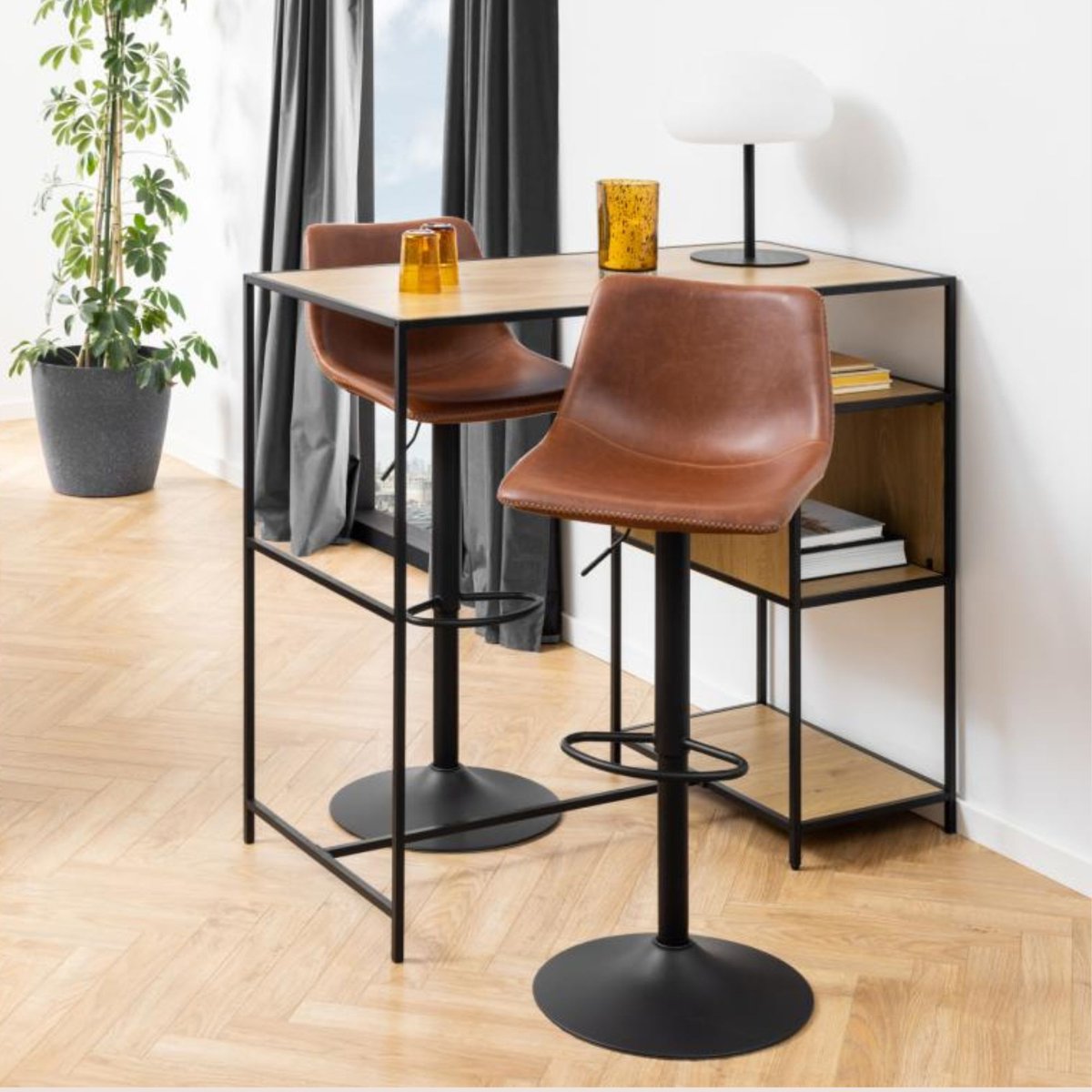 Tabourets de bar simili piétement tulipe métal noir (lot de 2) - JACK cognac, HELLIN, DEPUIS 1862