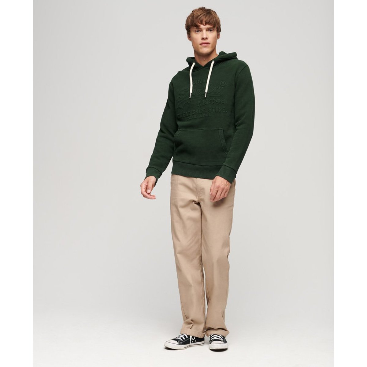 Sweat à capuche et logo vintage en relief vert émail, SUPERDRY