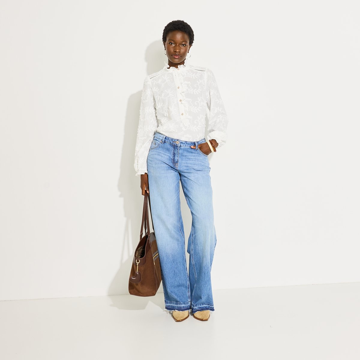 Blouse broderie anglaise col haut blanc cassé ecru, GRAIN DE MALICE