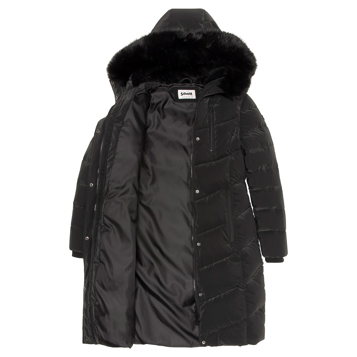 Parka longue à capuche bordée de imitation fourrure noir, SCHOTT