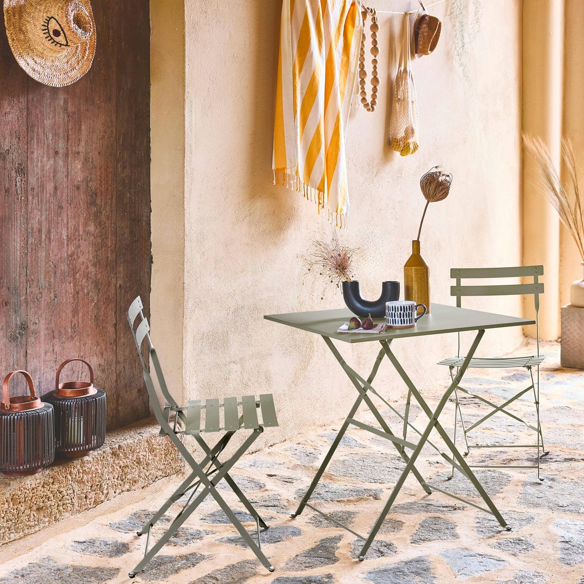Table de jardin bistrot pliante métal + 2 assises EMILIA vert de gris, SWEEEK