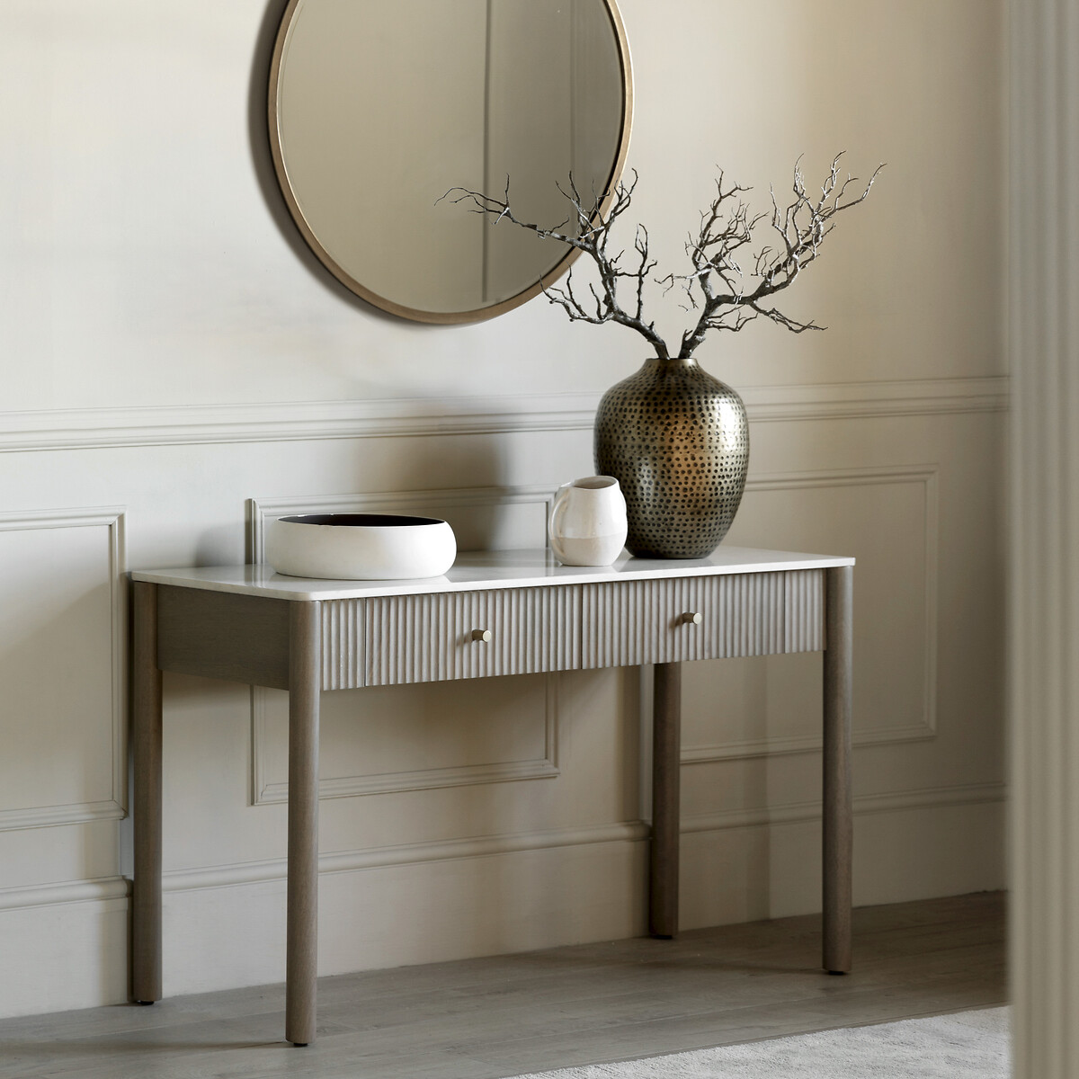 Manor Ribbed Wood 2 Drawer Console with Marble Top grey, ÉDITÉ