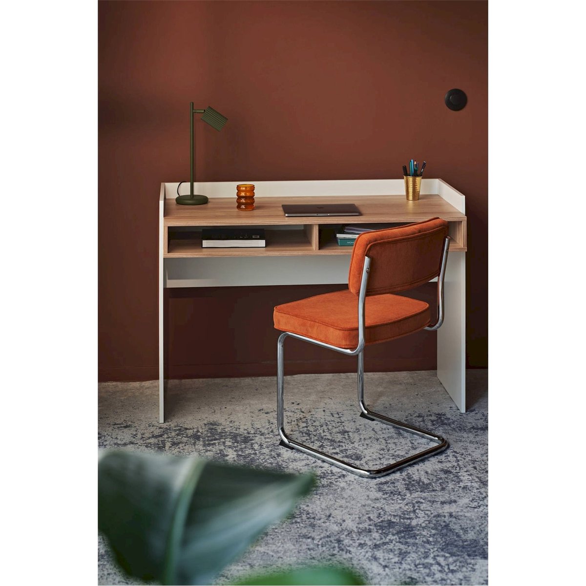 Bureau compact bois collection TABISE 2 niches blanc et noyer, RECOLLECTION