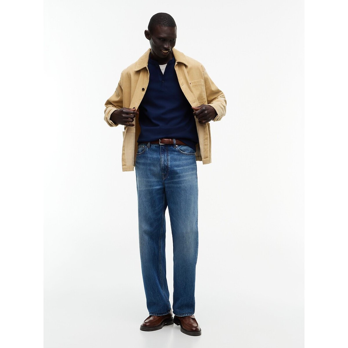T-shirt à manches longues, maille gaufrée, col boutonné marine, TOMMY HILFIGER
