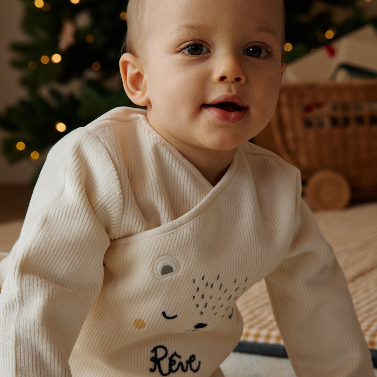 Ensemble bébé gilet croisé et pantalon en velours Flocon ecru, PETIT BEGUIN