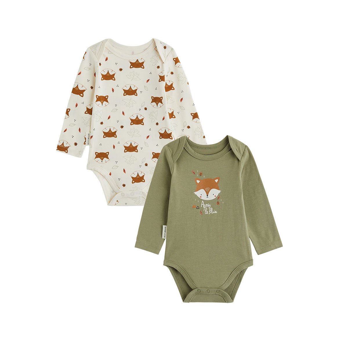 Lot de 2 bodies bébé manches longues Ginkgo vert, PETIT BEGUIN