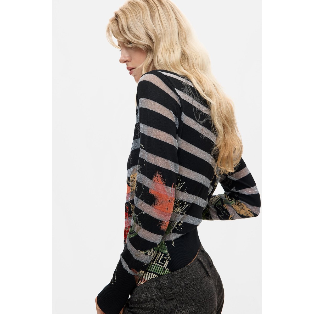 Pull jacquard à fleurs noir, DESIGUAL