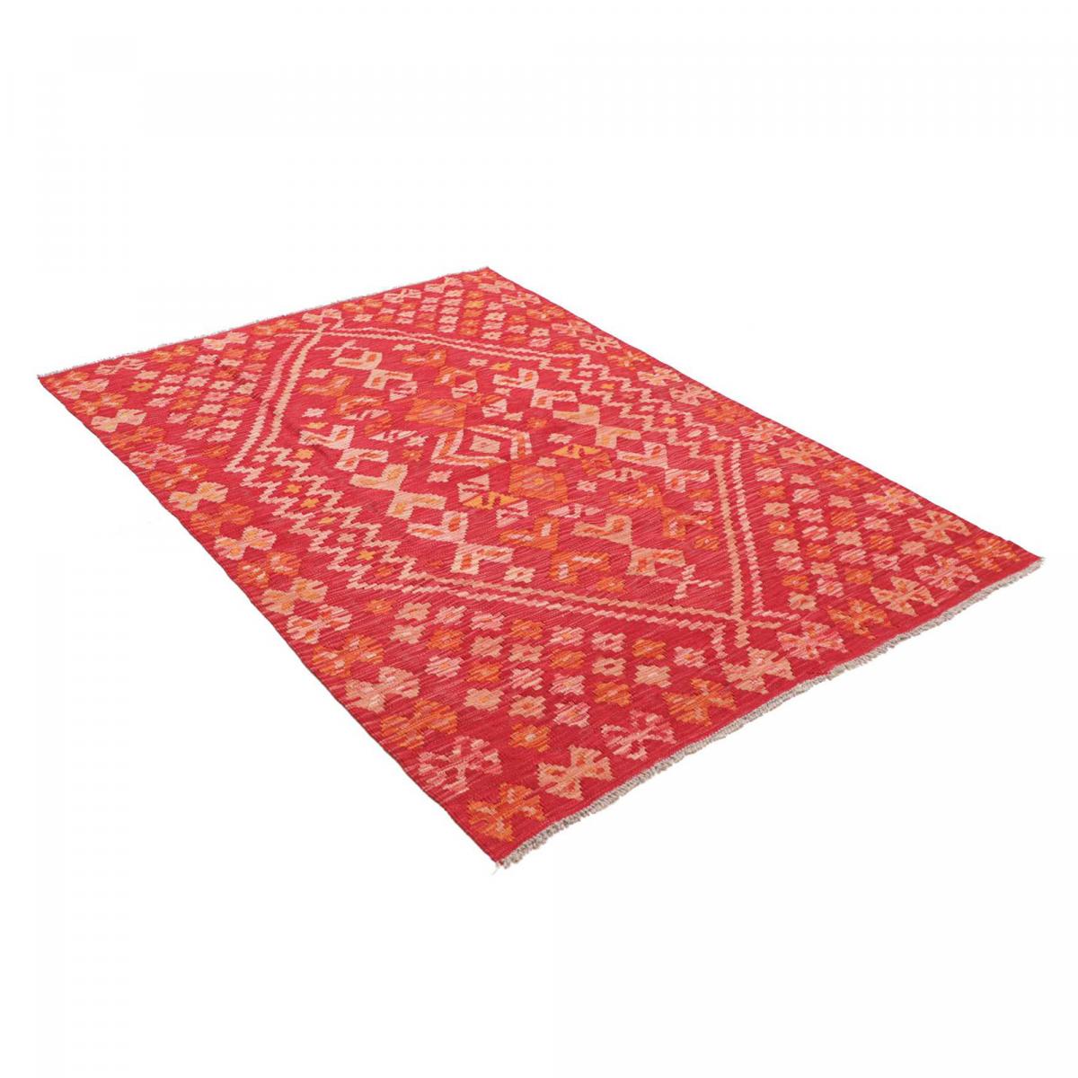 Tapis d'orient ethnique, tissé plat artisanal en laine, KILIM 17 rouge, orange, rose, UN AMOUR DE TAPIS