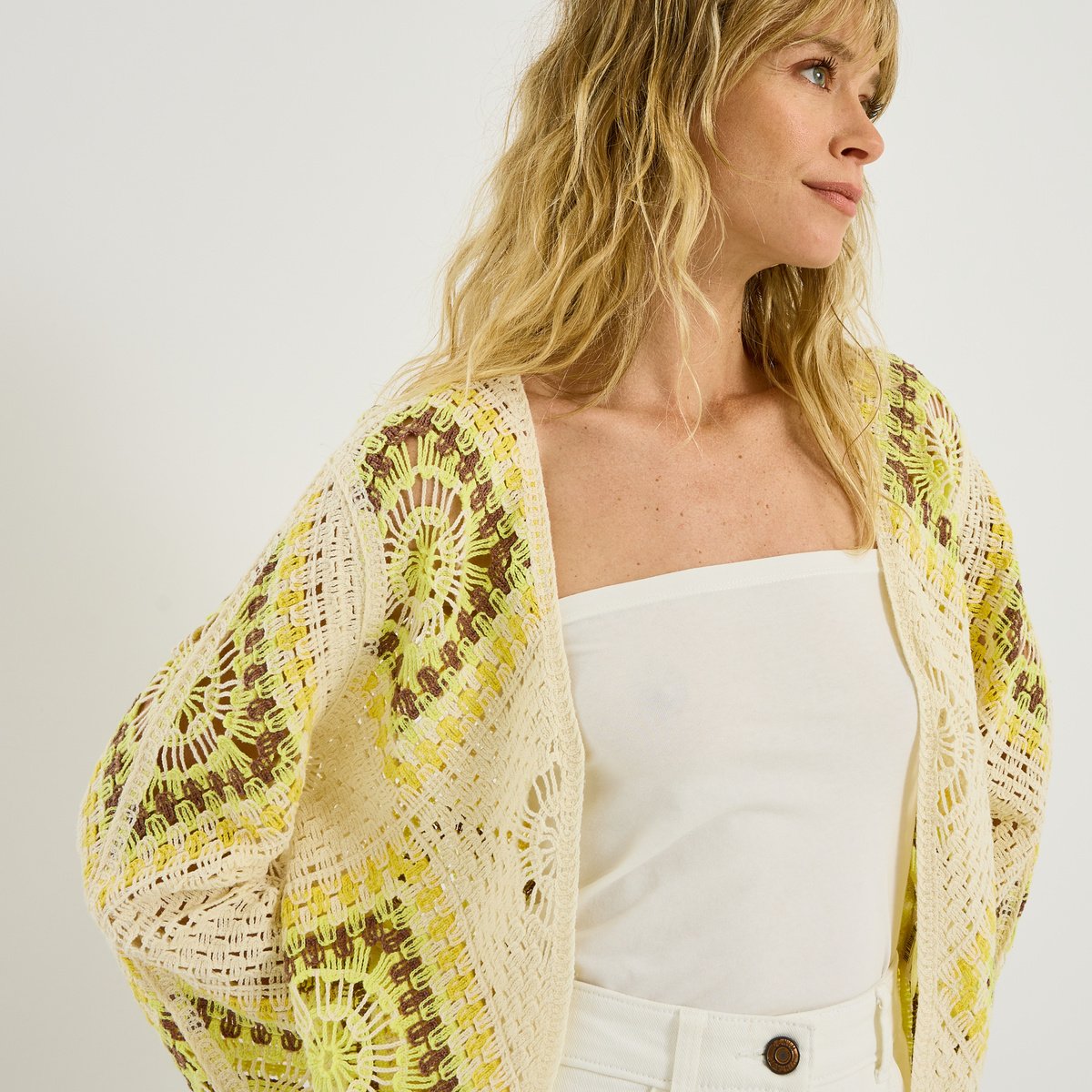 Gilet en crochet blanc cassé ecru, GRAIN DE MALICE