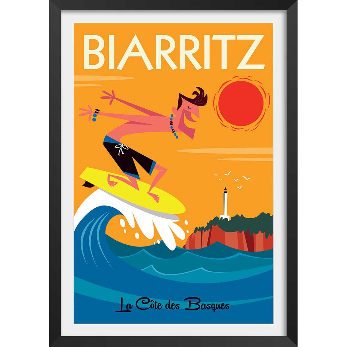 Affiche Surf à Biarritz affiche + cadre en bois - noir, HEXOA