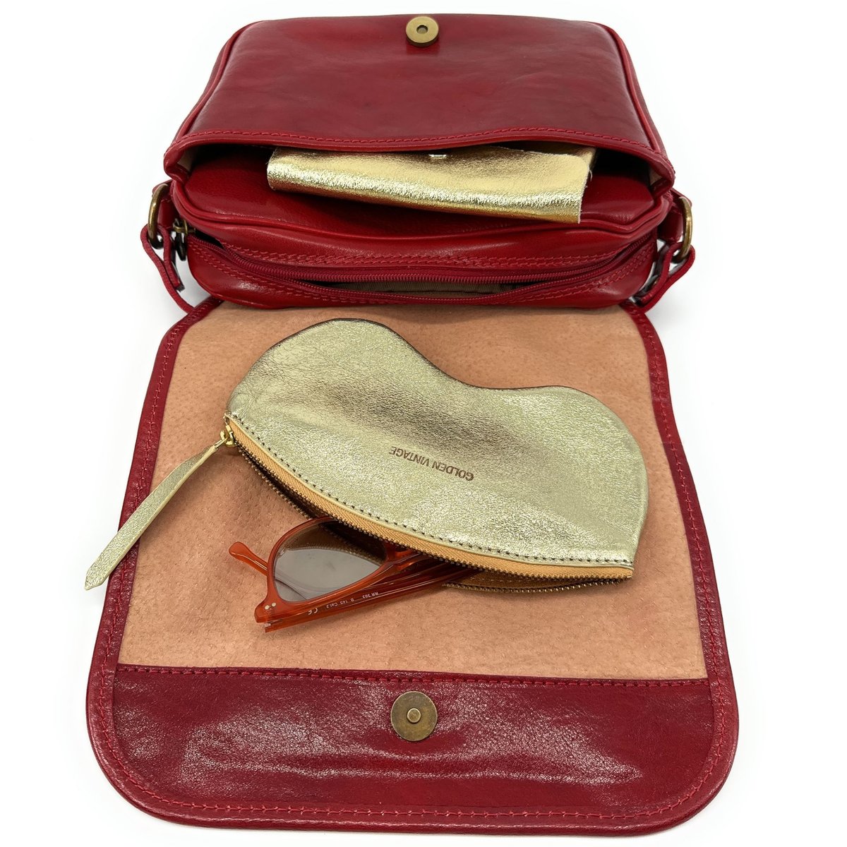 Sac Sacoche bandoulière en cuir italien lisse MARIE STUART rouge, OH MY BAG