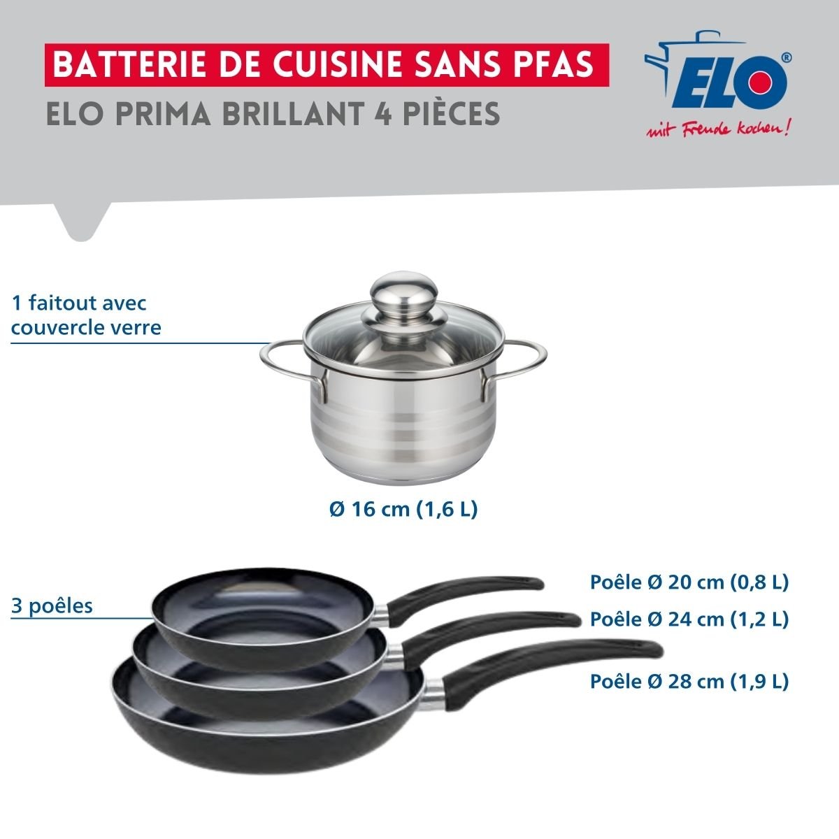 Batterie 3 poêles 20/24/28cm + 1 faitout 16cm PRIMA BRILLANT noir, ELO