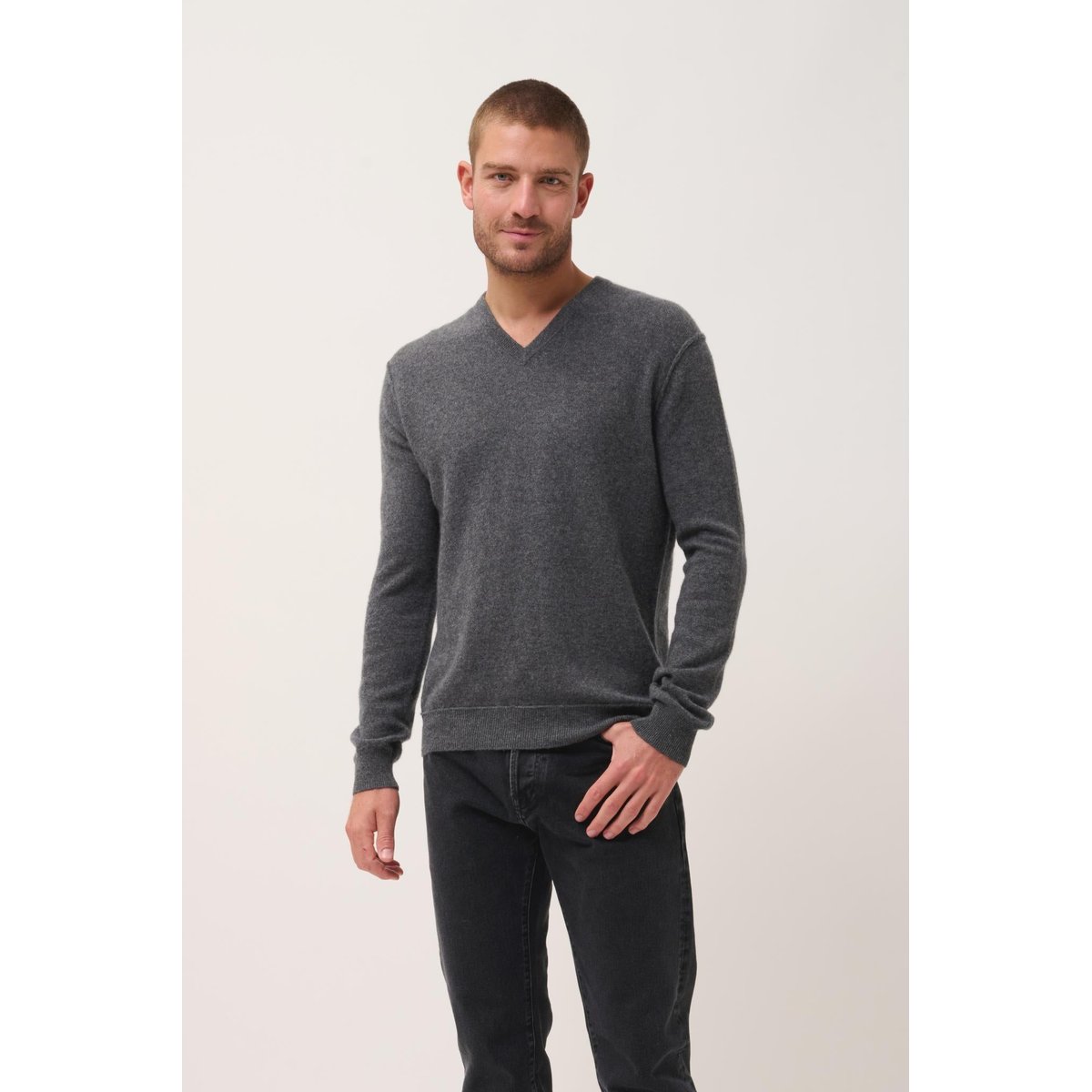 Pull Col V Anthracite Chiné Tom gris anthracite chiné, JUST CASHMERE