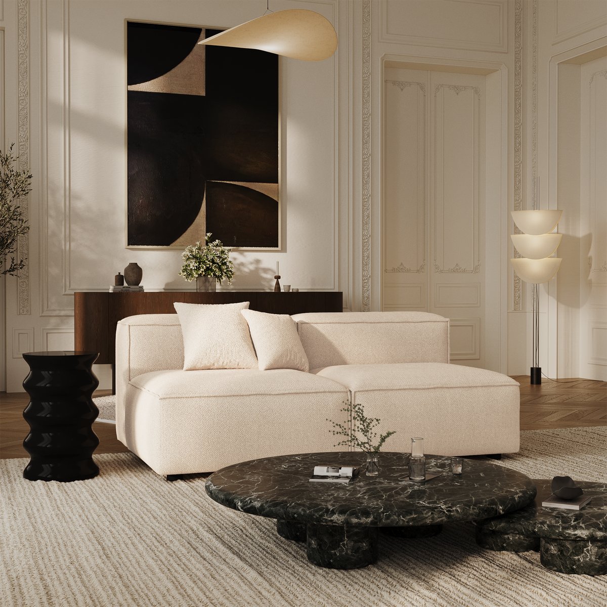 Canapé modulable 3 places en velours chenillé CUBI crème, SIA HOME