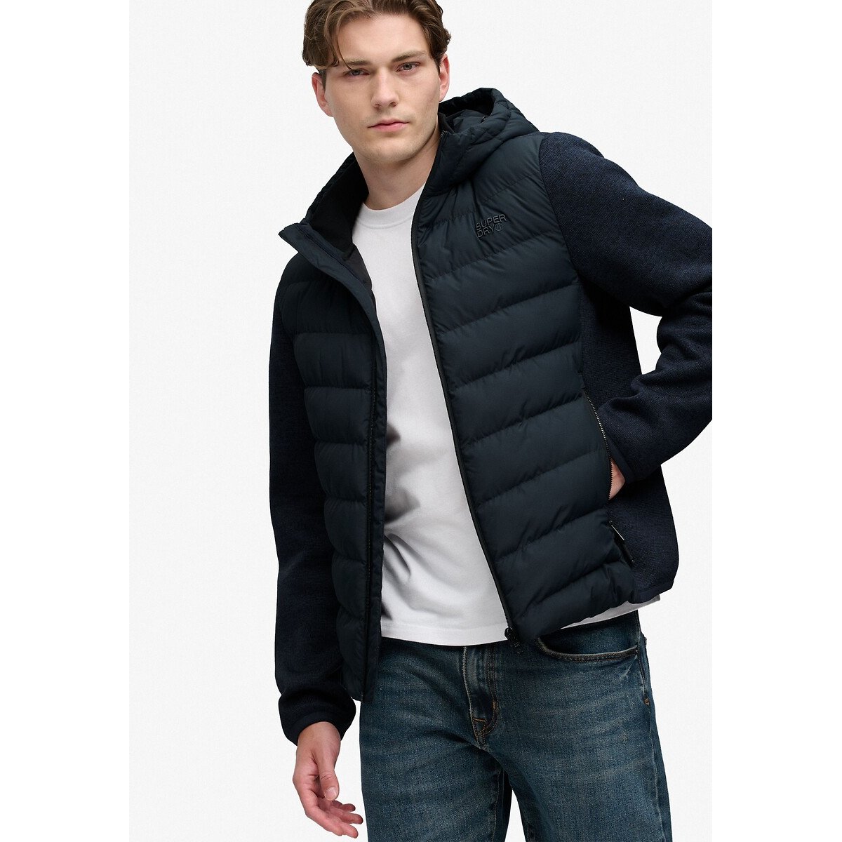 Knitted Hybrid Hooded Jacket navy blue, SUPERDRY