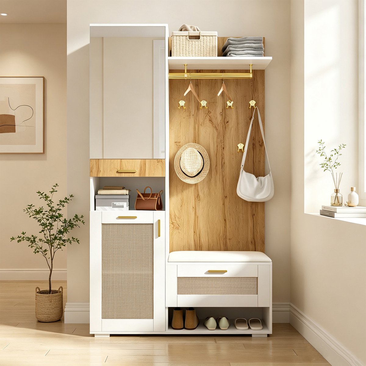 Vestiaire d'entrée avec miroir banc et rangement, PORTER-K chêne, MEUBLES COSY