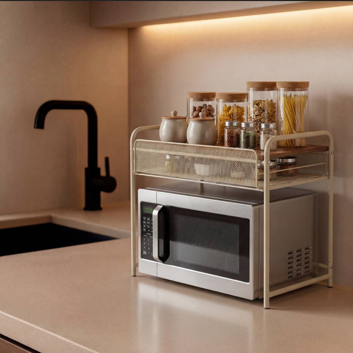 Étagère micro-ondes rectangulaire avec tiroir TELMA beige, 5FIVE SIMPLY SMART