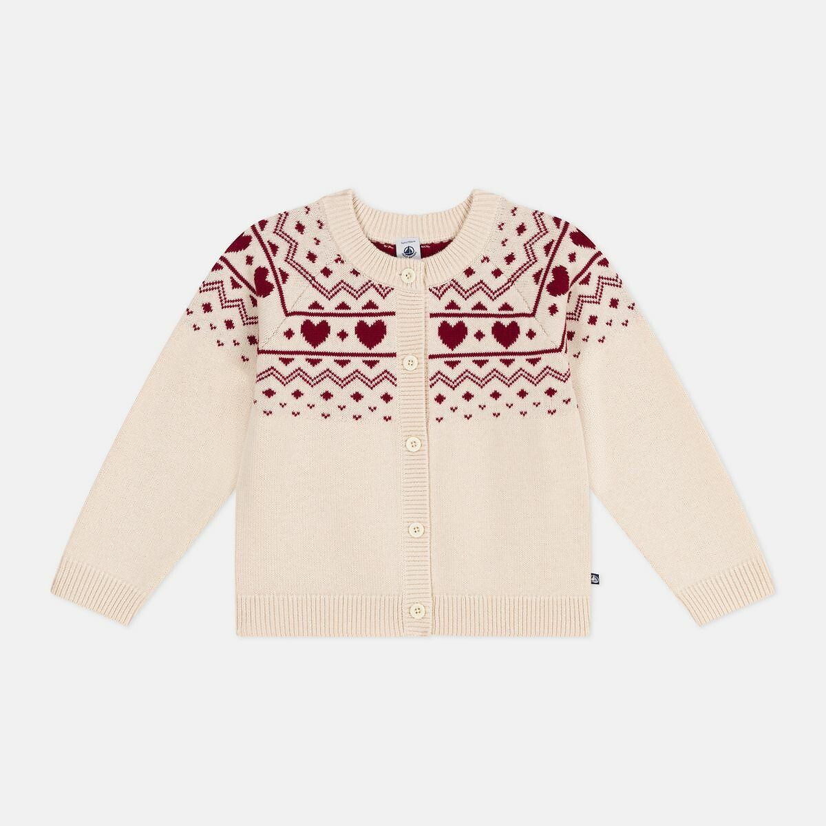 Cardigan en laine et coton, motif jacquard ecru, PETIT BATEAU