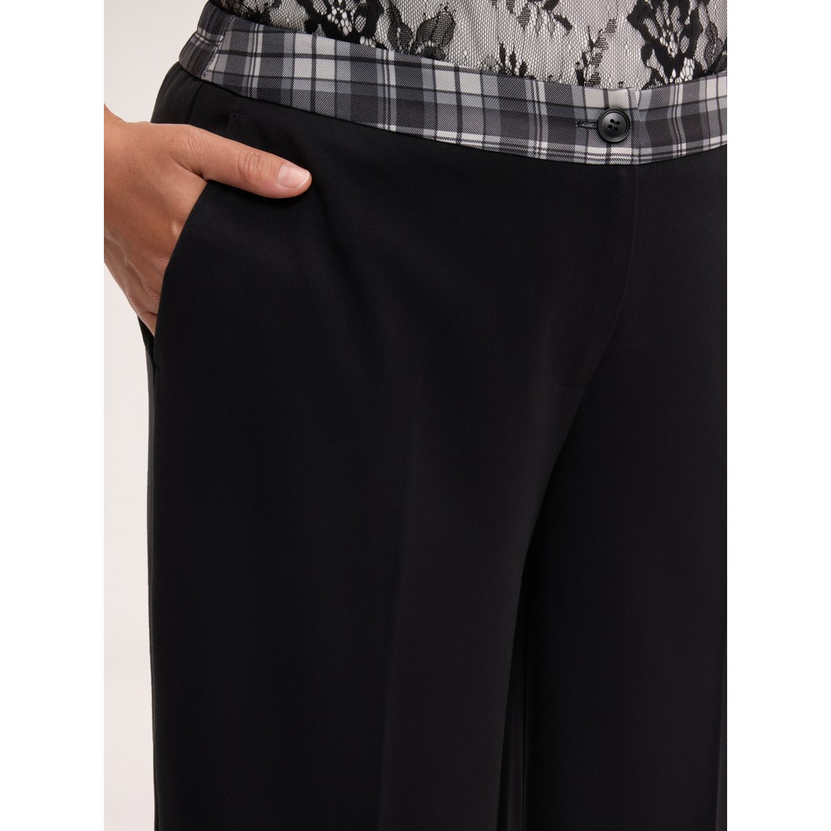 Pantalon Wide Leg avec bande check noir, FIORELLA RUBINO