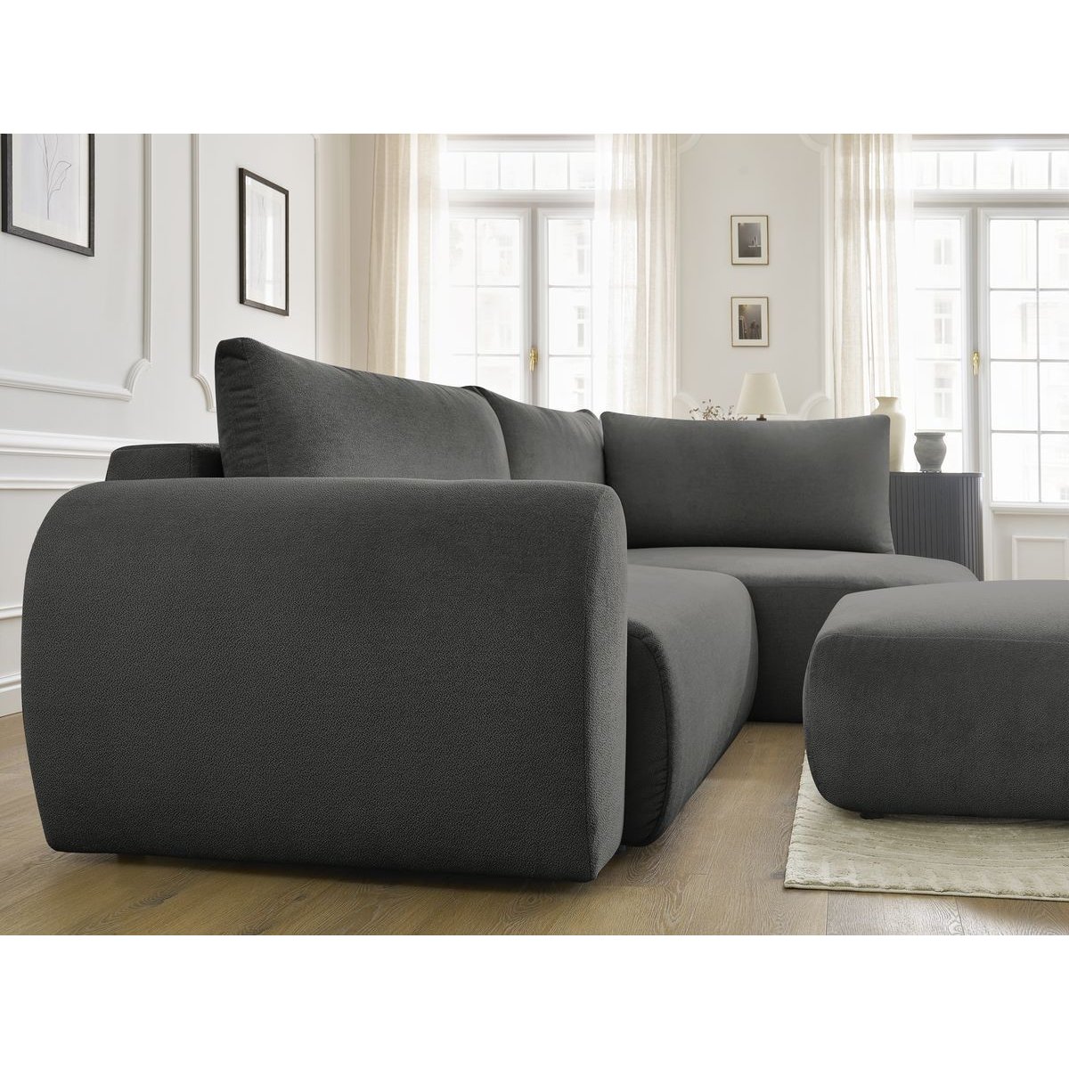 Canapé d'angle convertible 4 places en tissu lisse avec pouf, LUCIEN gris foncé, BOBOCHIC