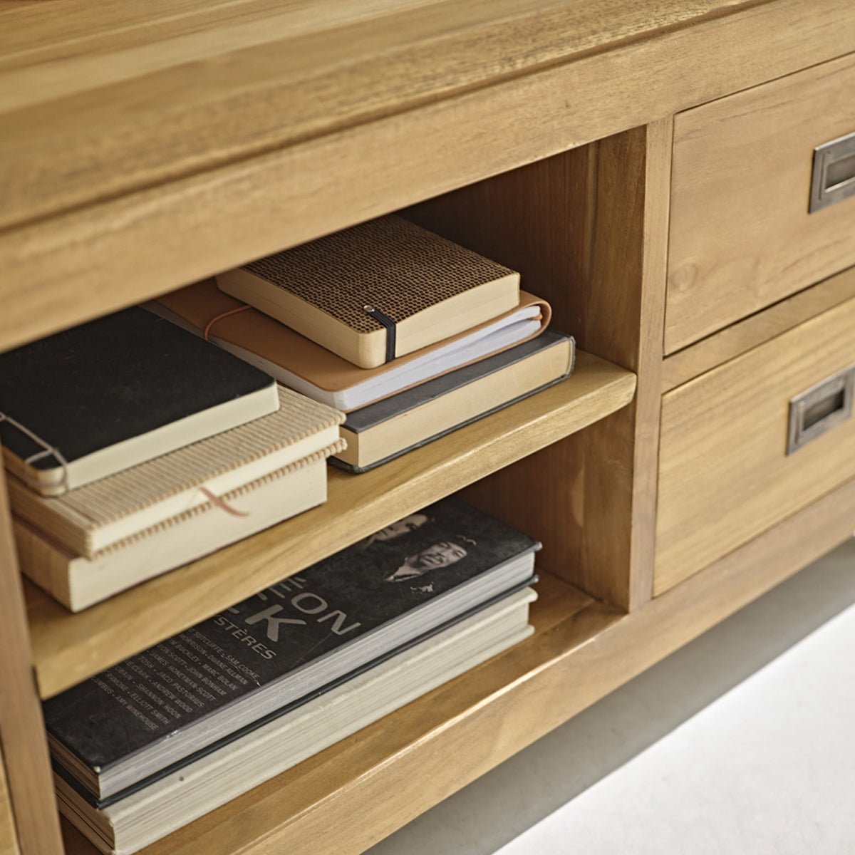 Meuble TV en bois de teck 120 cm 4 tiroirs BOSTON naturel, BERAH GETAH