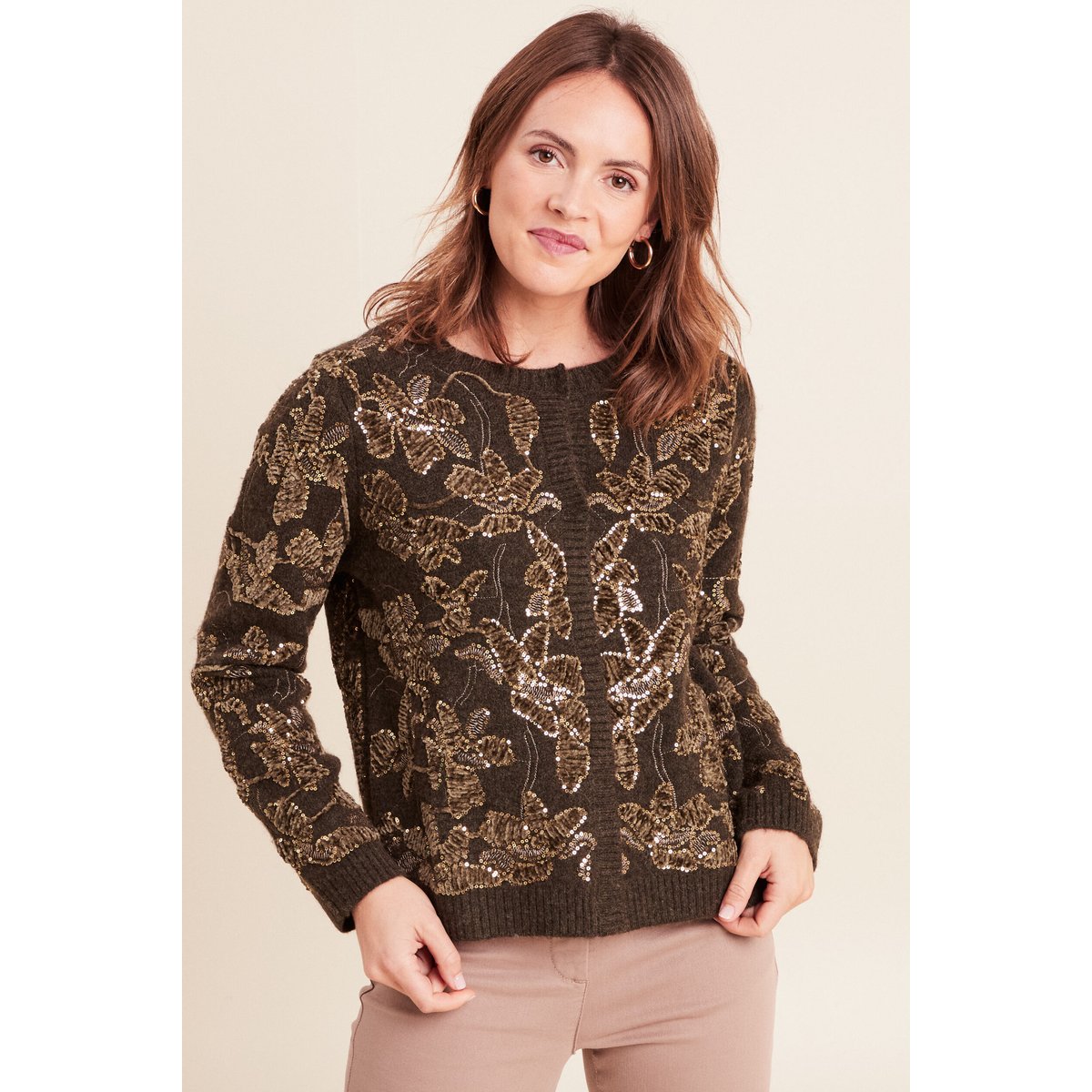 Gilet droit mi-long brodé à sequins vert kaki, BREAL
