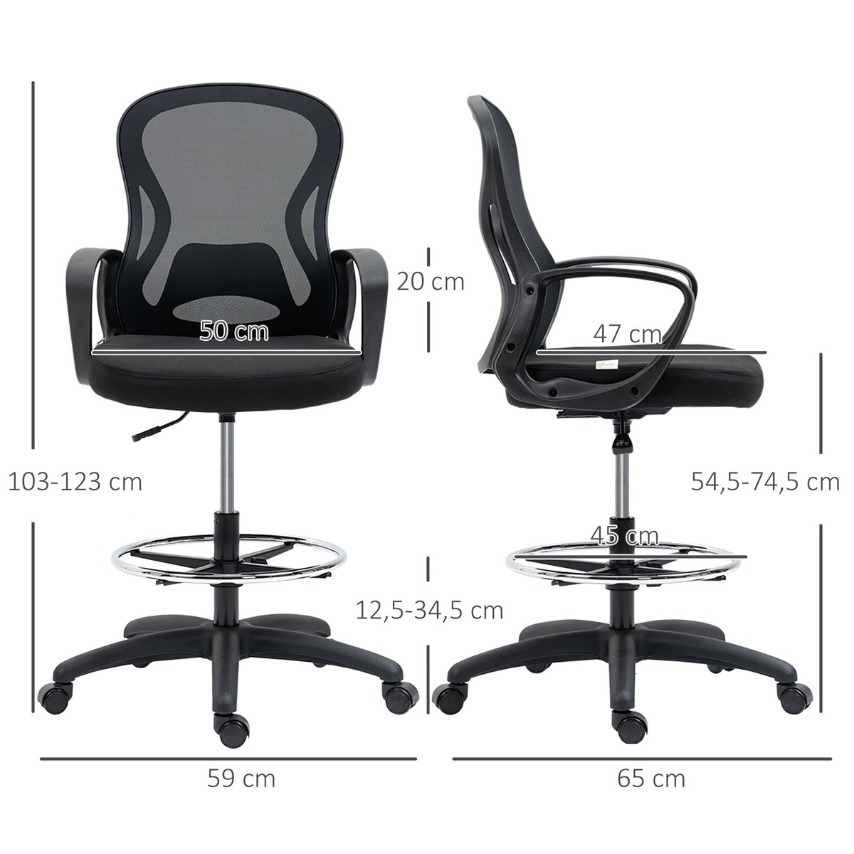 Chaise de bureau pour poste de travail debout noir, HOMCOM