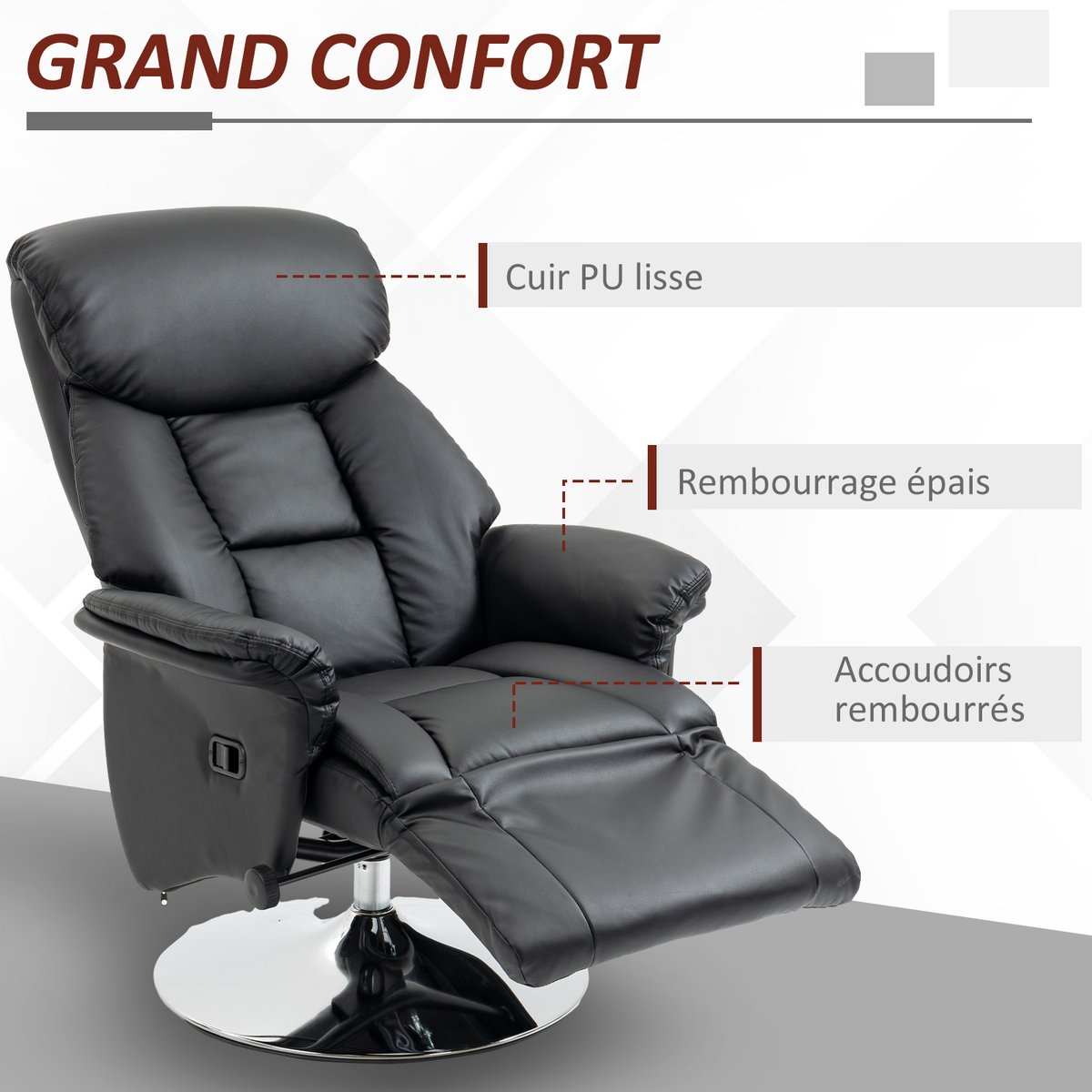 Fauteuil inclinable Polyuréthane Noir noir, HOMCOM